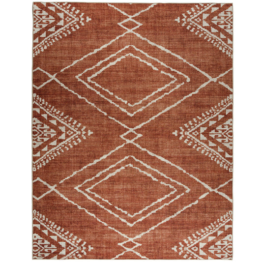 Moroccan Area Rug - Machine Washable-Stain Resistant - Recycled Fibers - Living Room Dining Room - Kip Orange - 5x7 Ft